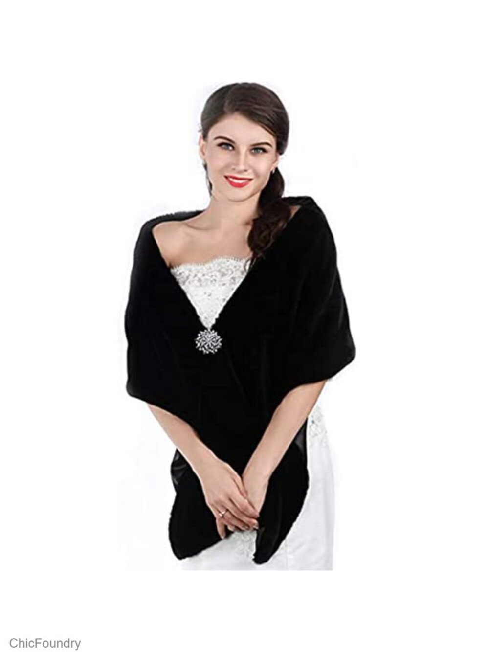 Faux Fur Bridal Shawl Wrap with Rhinestone Brooch Winter Wedding Stole